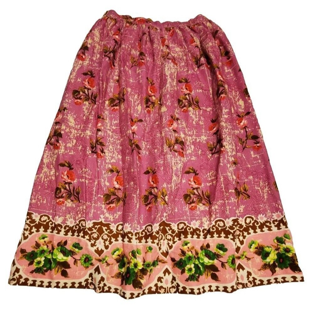 VTG 70s Floral Maxi Skirt Womens M Pink Mod Boho Hippie Hawaiian Beachy Vaca
